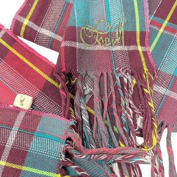 O’Neill Unisex Aqua Plum Tartan Plaid Lightweight Rectangular Scarf with Fringe - Picture 3 of 7